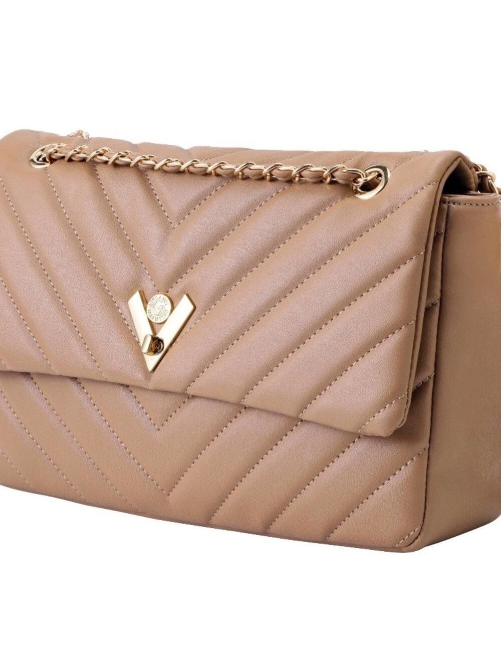 Valentino Tan Quilted Shoulder Bag with Gold Chain Detail
